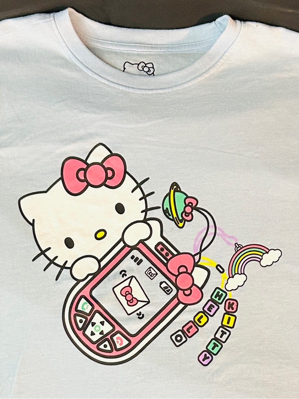 Hello Kitty Sanrio Women's Large Light Blue Y2K Cell Phone Graphic Tee